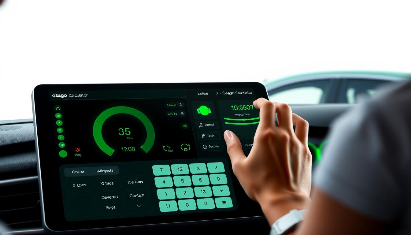 A modern and minimalist online OSAGO calculator interface, showcasing a sleek, green-hued dashboard with intuitive controls. In the foreground, a woman interacts with the calculator, her actions highlighted by subtle lighting and a soft, inviting atmosphere. The middle ground features a partially visible car, its form subtly integrated into the design, emphasizing the calculator's relevance to the automotive industry. The background maintains a clean, uncluttered aesthetic, allowing the focal point to shine. The overall composition conveys a sense of efficiency, user-friendliness, and the seamless integration of technology into everyday life.