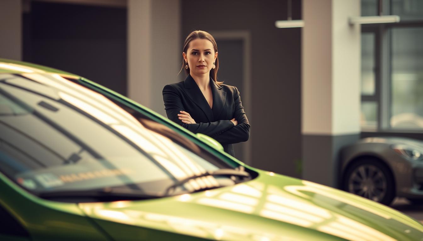 A sleek, green sedan prominently displayed in the foreground, its curves and lines accentuated by soft, warm lighting. In the middle ground, a woman stands confidently, her expression conveying the importance of the subject. The background is blurred, allowing the focus to remain on the car and the woman, creating a sense of emphasis and significance. The overall atmosphere is one of professionalism and authority, reflecting the mandatory nature of the topic. The composition and lighting work together to deliver a visually striking and impactful image.