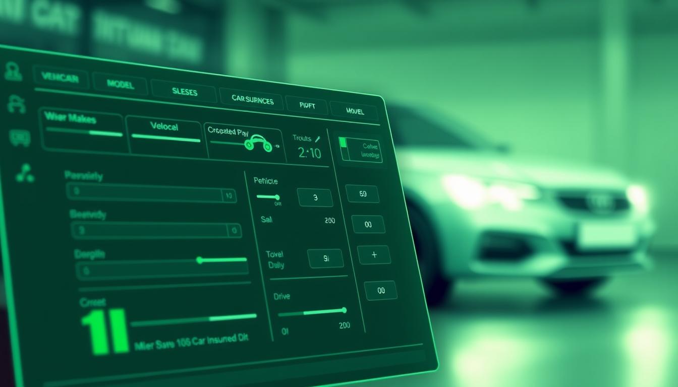A detailed illustration of a car insurance calculator, showcasing a modern and intuitive user interface. The foreground features a sleek, green-tinted dashboard with various input fields and sliders, allowing the user to adjust parameters such as vehicle make, model, and driver details. The middle ground depicts a subtly blurred background of a car, emphasizing the calculator's focus. The overall scene conveys a sense of efficiency and professionalism, inviting the user to easily navigate the insurance calculation process.