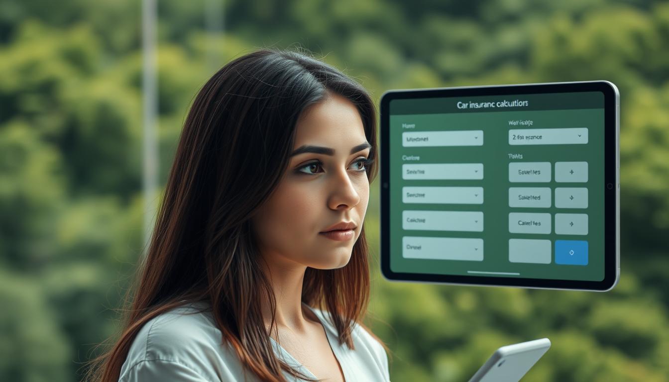 A modern, sleek calculator interface set against a backdrop of a green, lush landscape. The calculator's display shows the various fields and options for calculating car insurance premiums, with a minimalist, user-friendly design. In the foreground, a woman contemplates the calculator, her expression one of focused consideration as she inputs the necessary details. The lighting is soft and diffused, creating a calming, contemplative atmosphere. The overall composition emphasizes the simplicity and accessibility of the insurance calculation process, inviting the viewer to envision themselves in this serene, efficient scenario.