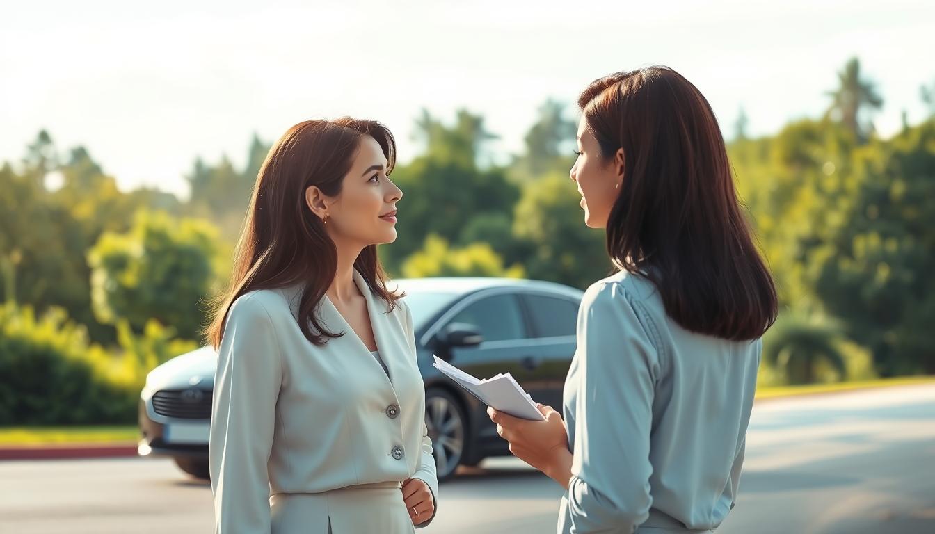 A well-lit, detailed illustration of two women discussing car insurance policies, set against a verdant backdrop. The foreground features a mid-shot of the women, engaged in a conversation, conveying the sense of responsibility and mutual understanding inherent in an auto insurance contract. The middle ground showcases a sleek, modern sedan, alluding to the subject matter. The background blends lush greenery and a softly diffused sky, creating a calming, professional atmosphere. Lighting is natural and diffused, enhancing the clarity of the scene. The overall composition balances the human element with the automotive focus, reflecting the core elements of an auto insurance agreement.