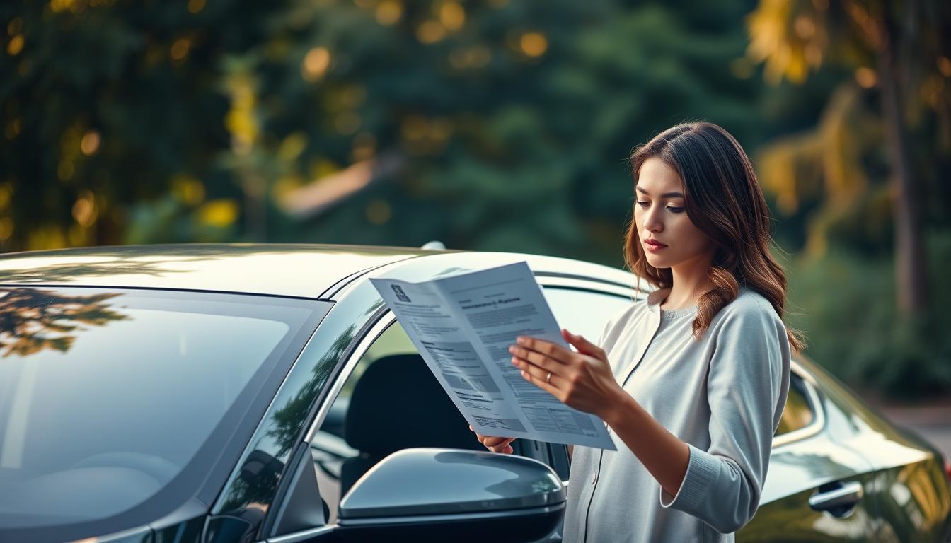 A modern sedan parked in a lush, verdant setting, with a focused, thoughtful woman contemplating various insurance policy documents. The car's sleek lines and the woman's confident, considered expression convey the importance of selecting the right OSAGO (mandatory third-party liability insurance) policy. Warm, natural lighting illuminates the scene, creating a sense of tranquility and deliberation. The background blurs softly, drawing the viewer's attention to the woman's decision-making process, the car, and the insurance paperwork she holds. The overall mood is one of thoughtfulness, responsibility, and the value of making an informed choice when it comes to protecting one's vehicle and driving experience.
