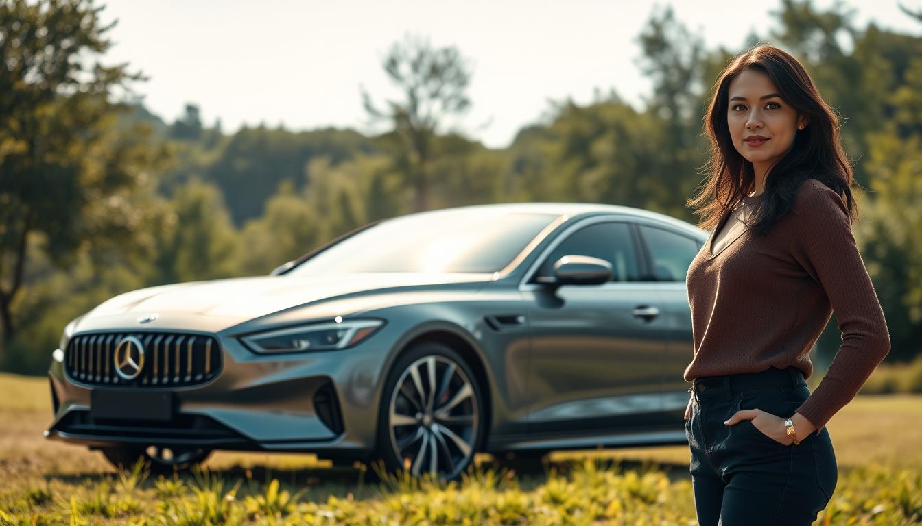 A serene, verdant landscape with a sleek, modern automobile prominently displayed. The car's contours glisten under the warm, natural lighting, accentuating its elegant design. In the foreground, a confident woman stands next to the vehicle, exuding a sense of security and responsibility. The background features lush greenery, hinting at the car's environmental compatibility. The overall composition conveys the importance of OSAGO (compulsory motor third-party liability insurance) in providing reliable protection for both the driver and the surrounding community.