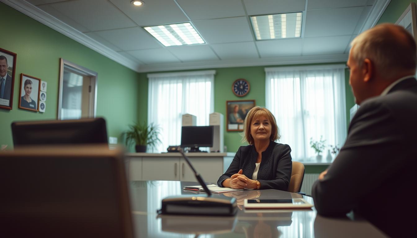 A well-lit interior of a car insurance office in Nelidovo, Russia. A middle-aged woman sits at a desk, engaging with a customer. The office walls feature a green color scheme, with minimal decor. The scene conveys a sense of professionalism and efficiency, reflecting the process of obtaining a mandatory car insurance policy (OSAGO) in the local area.