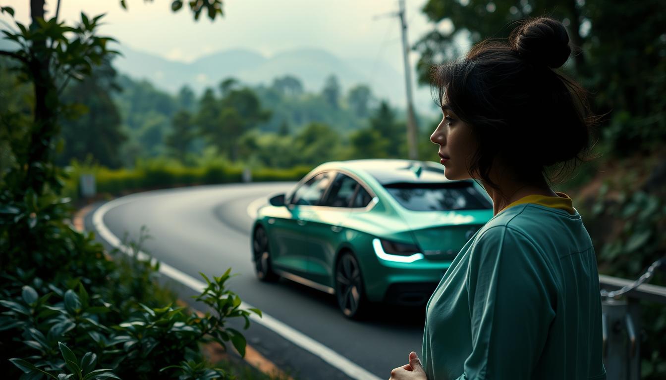 A sleek, modern sedan navigates a winding road, its verdant hues reflecting the changing landscape. In the foreground, a woman stands amidst the verdant foliage, her expression pensive as she contemplates the shifting automotive regulations. Soft, diffused lighting casts a serene atmosphere, while the mid-ground showcases the interplay of emerging technologies and evolving policies. The background fades into a blurred tapestry of lush foliage, hinting at the broader societal transformations unfolding.