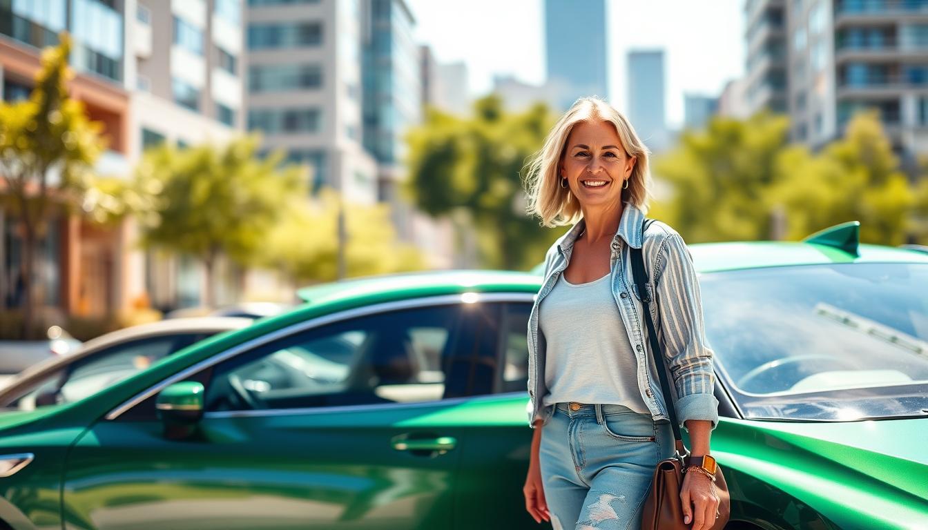 A modern, well-designed green sedan with sleek curves and a glossy finish, parked in a sun-dappled urban setting. In the foreground, a middle-aged woman in casual attire stands beside the car, her expression conveying a sense of satisfaction and contentment. The background features a blurred cityscape, with the vibrant colors and natural lighting creating a warm, inviting atmosphere. The overall scene suggests the benefits of safe driving and the potential savings associated with it.