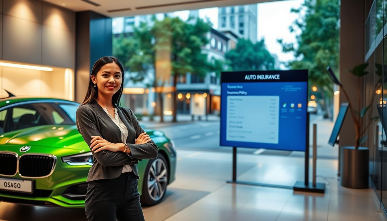 A well-lit, modern cityscape with a focus on an auto insurance office. In the foreground, a young woman stands confidently in front of a sleek, green sedan, gesturing towards a digital display that showcases insurance policy details. The middle ground features a polished, minimalist interior with clean lines and subdued tones, conveying a sense of professionalism and efficiency. The background showcases the vibrant streets of Ruza, with lush greenery and modern architecture, creating a sense of a thriving, urban environment. The lighting is warm and inviting, and the overall composition emphasizes the seamless integration of technology and personal service in the online OSAGO purchasing experience.