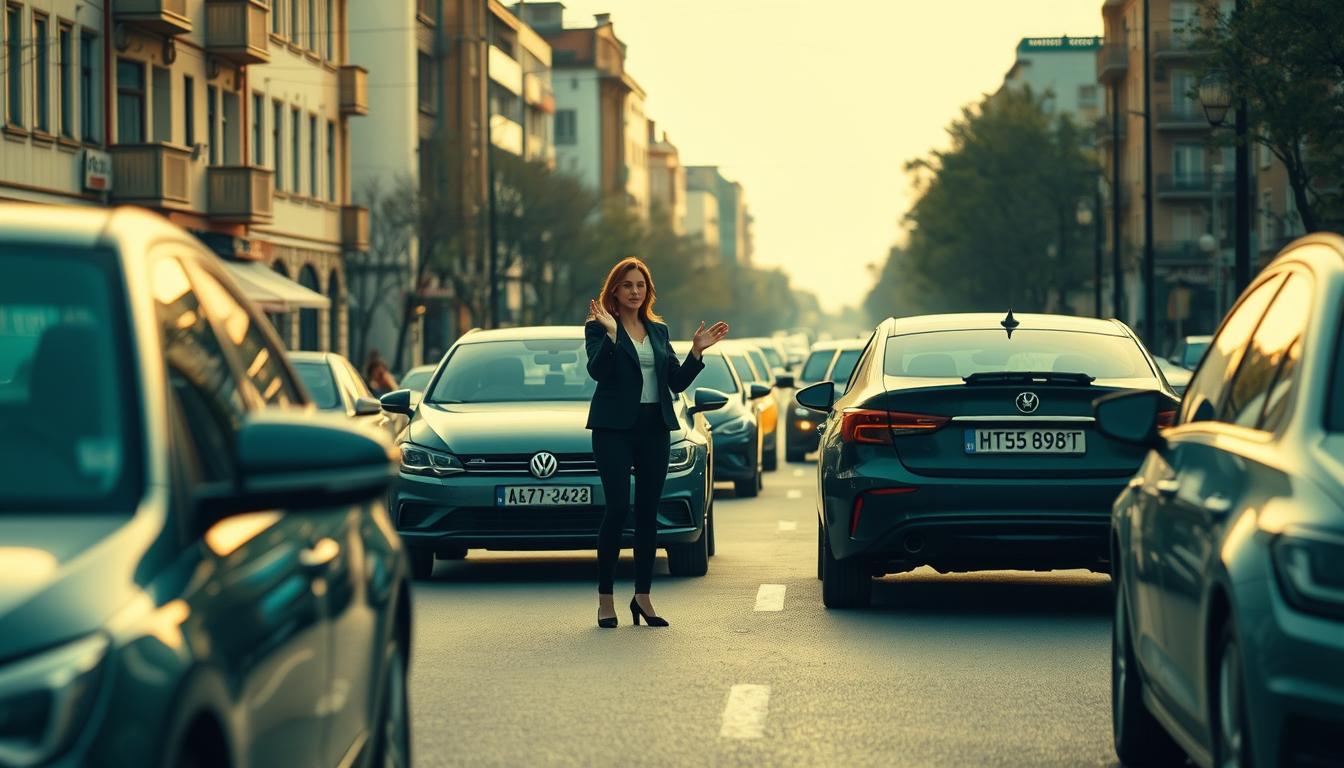 A serene city street in Nelidovo, with a green-hued scene unfolding. In the foreground, a woman gestures calmly, guiding the occupants of two cars involved in a minor collision. The middle ground depicts the damaged vehicles, their shapes and colors reflecting the overall tone. The background features familiar buildings and streetscapes, creating a sense of place. Soft, natural lighting illuminates the scene, evoking a sense of tranquility and order, despite the unexpected event. The overall composition conveys a mood of resolution and professionalism in the face of a common traffic incident.