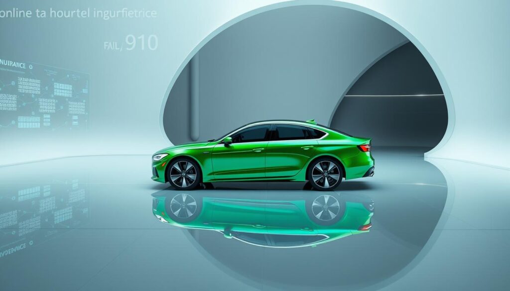 A futuristic scene depicting the online auto insurance experience of tomorrow. A sleek, green-hued sedan is nestled in a minimalist, technologically-advanced setting. The car is reflected in a seamless, glass-like surface, creating a sense of depth and modernity. In the background, subtle holographic displays and smooth, curved architectural elements hint at a world of digital integration and streamlined insurance processes. The overall atmosphere conveys a vision of a convenient, intuitive, and technologically-driven auto insurance future. A futuristic scene depicting the online auto insurance experience of tomorrow. A sleek, green-hued sedan is nestled in a minimalist, technologically-advanced setting. The car is reflected in a seamless, glass-like surface, creating a sense of depth and modernity. In the background, subtle holographic displays and smooth, curved architectural elements hint at a world of digital integration and streamlined insurance processes. The overall atmosphere conveys a vision of a convenient, intuitive, and technologically-driven auto insurance future.