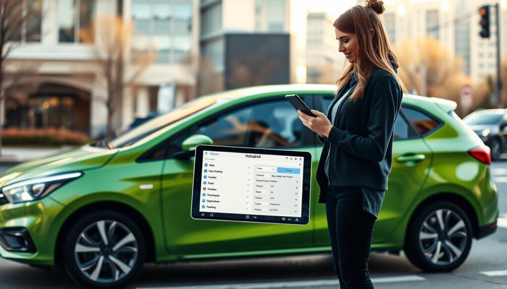 A modern green sedan parked on a city street, with a young woman standing next to it and examining a digital device in her hands. The device's screen displays a detailed insurance calculation interface, showcasing various options and parameters. The scene is bathed in warm, natural lighting, creating a sense of ease and accessibility. The background features a blurred urban landscape, emphasizing the focus on the car and the insurance interface. The composition highlights the seamless integration of technology and everyday transportation, conveying the convenience and simplicity of online OSAGO insurance calculations. A modern green sedan parked on a city street, with a young woman standing next to it and examining a digital device in her hands. The device's screen displays a detailed insurance calculation interface, showcasing various options and parameters. The scene is bathed in warm, natural lighting, creating a sense of ease and accessibility. The background features a blurred urban landscape, emphasizing the focus on the car and the insurance interface. The composition highlights the seamless integration of technology and everyday transportation, conveying the convenience and simplicity of online OSAGO insurance calculations.