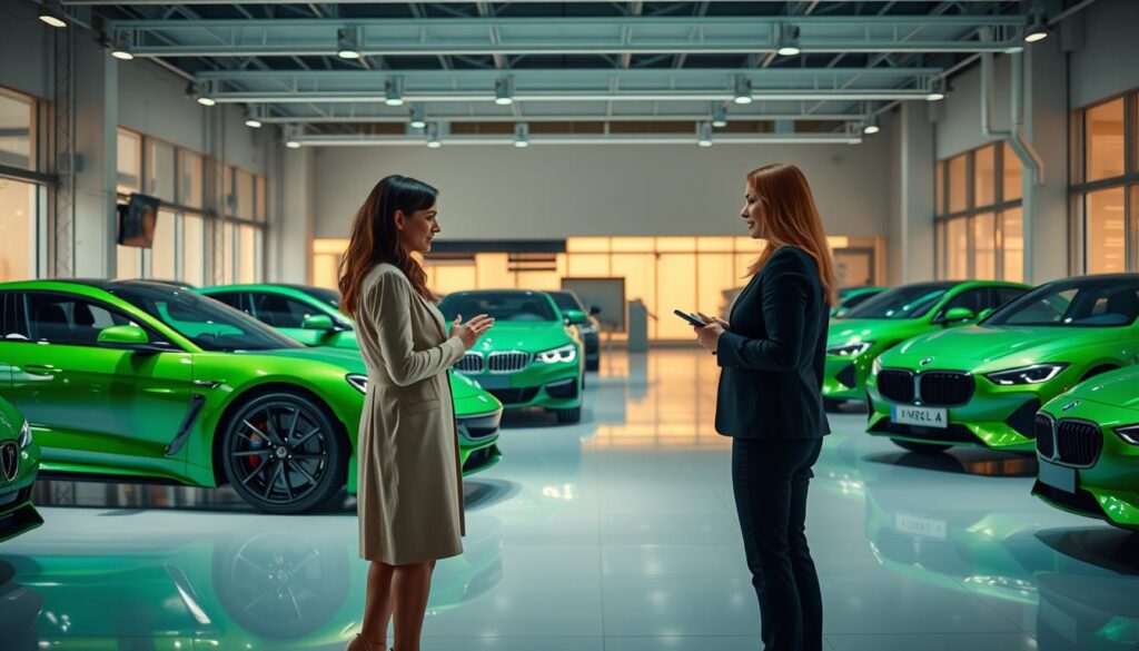 A serene, modern automotive showroom with sleek, green-hued luxury vehicles on display. The space is bathed in warm, natural lighting, creating a calming atmosphere. Two well-dressed women, engaged in a thoughtful discussion, stand in the foreground, gesturing towards the cars as they exchange information. The layout is clean and uncluttered, allowing the vehicles to take center stage. The overall scene conveys a sense of professionalism and attention to detail, reflecting the high-quality services and information associated with the topic of "Частые вопросы по ОСАГО". A serene, modern automotive showroom with sleek, green-hued luxury vehicles on display. The space is bathed in warm, natural lighting, creating a calming atmosphere. Two well-dressed women, engaged in a thoughtful discussion, stand in the foreground, gesturing towards the cars as they exchange information. The layout is clean and uncluttered, allowing the vehicles to take center stage. The overall scene conveys a sense of professionalism and attention to detail, reflecting the high-quality services and information associated with the topic of "Частые вопросы по ОСАГО".