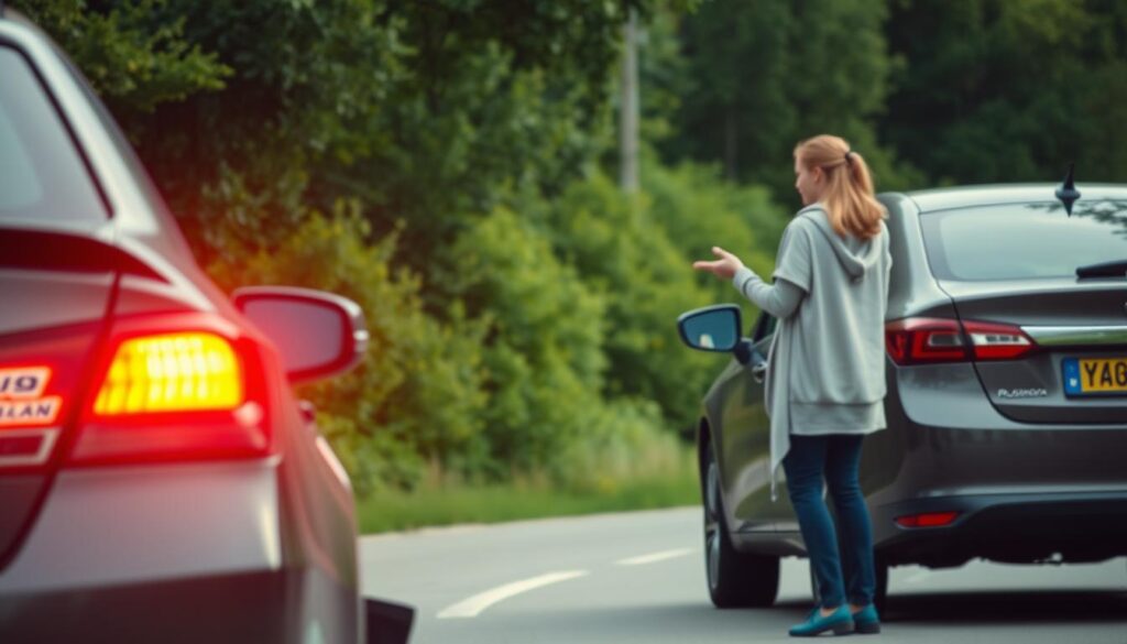 A serene roadside scene in Ostashkov, Russia, where a woman attends to the aftermath of a car accident. The foreground features a damaged vehicle with its hazard lights blinking, while the middle ground shows the woman gesturing to another driver, conveying the necessary steps to be taken. The background is filled with lush green foliage, creating a calming atmosphere. The lighting is soft and natural, highlighting the sense of urgency and care in the moment. The composition emphasizes the importance of following proper procedures in the event of a traffic collision, without the inclusion of any distracting text or icons. A serene roadside scene in Ostashkov, Russia, where a woman attends to the aftermath of a car accident. The foreground features a damaged vehicle with its hazard lights blinking, while the middle ground shows the woman gesturing to another driver, conveying the necessary steps to be taken. The background is filled with lush green foliage, creating a calming atmosphere. The lighting is soft and natural, highlighting the sense of urgency and care in the moment. The composition emphasizes the importance of following proper procedures in the event of a traffic collision, without the inclusion of any distracting text or icons.
