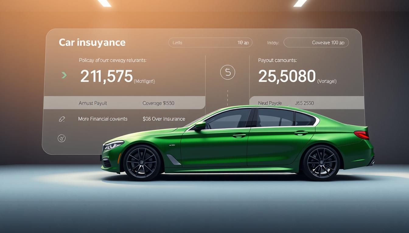 A detailed, realistic-looking digital illustration of car insurance policy limits and payout amounts, displayed on a modern digital dashboard or interface. The scene features a sleek, green sedan in the foreground, with a minimalist, elegant design aesthetic. The dashboard elements are clean, uncluttered, and easy to read, highlighting the key information about coverage levels and financial protection. The lighting is soft and natural, creating a sense of clarity and professionalism. The overall mood is one of trust, reliability, and transparency in the insurance industry.