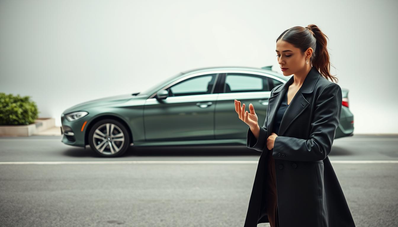 A dynamic, minimalist scene showcasing the aftermath of a minor traffic incident in Ruza. Centered in the frame, a sleek sedan in a calming green hue, its pristine exterior hinting at the care its owner takes. In the foreground, a young woman clad in a stylish yet practical outfit, her expression calm and composed as she carefully examines the vehicle, assessing the minor damage. The background is kept intentionally simple, with hints of lush greenery and a softly diffused natural light, creating a serene, almost meditative atmosphere. The overall composition conveys a sense of order, professionalism, and the well-oiled procedures in place for handling such incidents in Ruza.