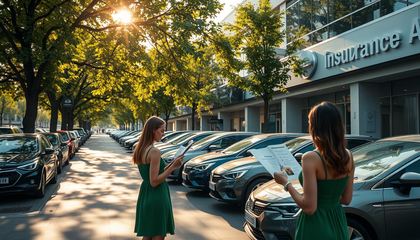 A modern city street in Nelidovo, Russia, with a row of car dealerships and insurance agencies lining the sidewalk. Sunlight filters through the trees, casting a warm, verdant glow over the scene. In the foreground, a woman in a green dress examines brochures from various insurance providers, comparing options for her vehicle. Sleek, contemporary cars in an array of colors are parked outside the agencies, reflecting the city's prosperous, forward-thinking atmosphere. The scene conveys a sense of consumer choice and informed decision-making in the local insurance market.