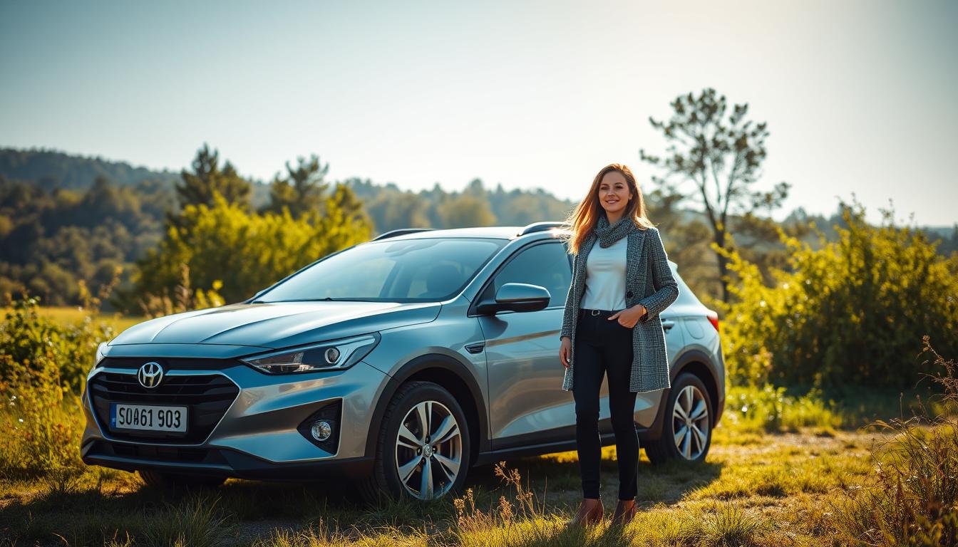 A serene landscape in Ruza, Moscow Oblast, where a woman stands beside her car, surrounded by lush greenery. The scene is bathed in warm sunlight, with soft shadows and a tranquil atmosphere. The vehicle, a prominent focus, is a reflection of the regional OSAGO insurance policies available in the area. The composition captures the essence of the local insurance landscape, conveying a sense of comfort and security within the natural setting.