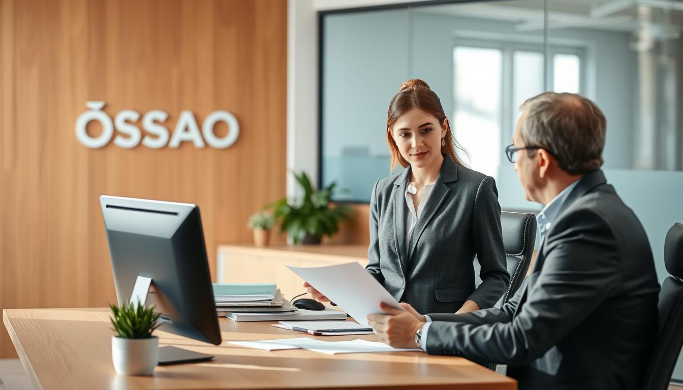 A modern office interior with natural lighting, showing a woman in a casual business attire standing at a desk discussing documents with an insurance agent. The desk is neatly organized with a computer, paperwork, and a small potted plant. The background features warm wood tones and neutral colors, creating a professional yet inviting atmosphere. The lighting is soft and diffused, casting gentle shadows and highlighting the details of the scene. The overall composition emphasizes the interaction between the woman and the agent, conveying the process of purchasing an OSAGO insurance policy in an insurance company office.