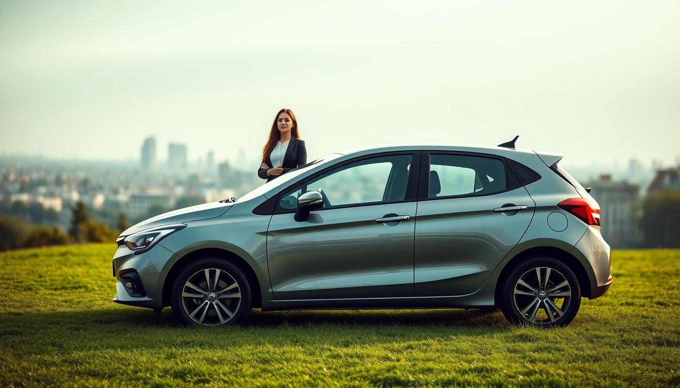 A serene green-hued landscape with a modern, compact sedan prominently positioned in the foreground. The car's sleek lines and glossy exterior gleam under the soft, diffused lighting, inviting the viewer to imagine themselves behind the wheel. In the middle ground, a woman stands contemplatively, her expression reflecting the simplicity and ease of the online OSAGO calculator process. The background features a blurred cityscape, hinting at the practical necessities of urban life that the insurance policy addresses. The overall scene conveys a sense of calm, efficiency, and the seamless integration of technology into everyday transportation needs.